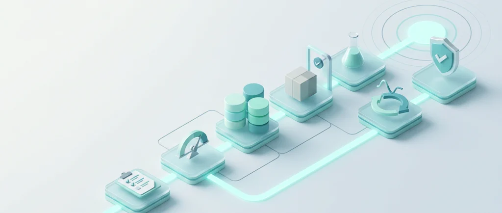 Isometrische Illustration des Validierungspfads: Anforderungen, Risikobewertung, Datentrennung, Modellauswahl, Proof of Concept, Monitoring und abschließende Validierung als verbundene Stationen.
